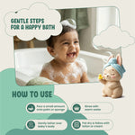 Baby bath product with instructions and a smiling child in the background