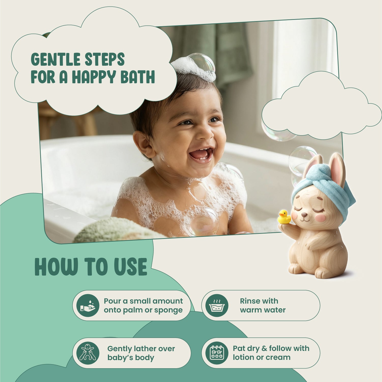 Baby bath product with instructions and a smiling child in the background