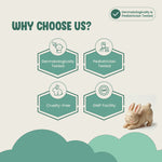 Promotional graphic for a product with icons indicating dermatological, pediatrician, cruelty-free, and GMP facility testing, accompanied by a rabbit figurine.