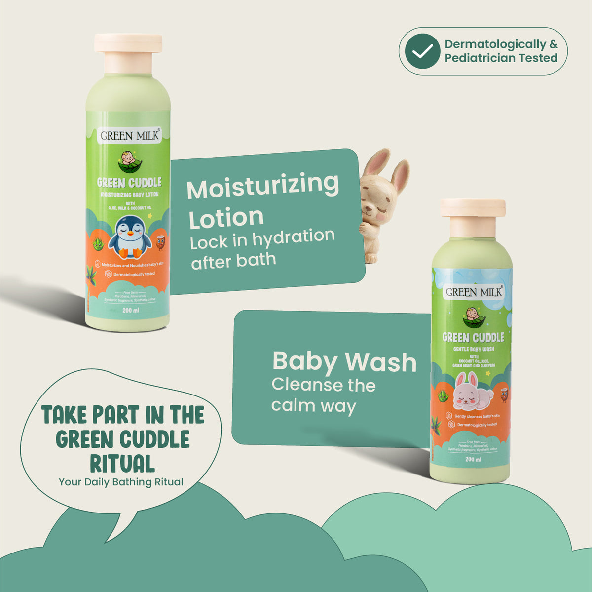 Green Milk baby care products with text on a light background