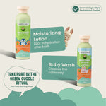 Green Milk baby care products with text on a light background