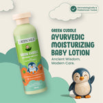 Green Milk Green Cuddle Ayurvedic Moisturizing Baby Lotion with a penguin design on a light green background