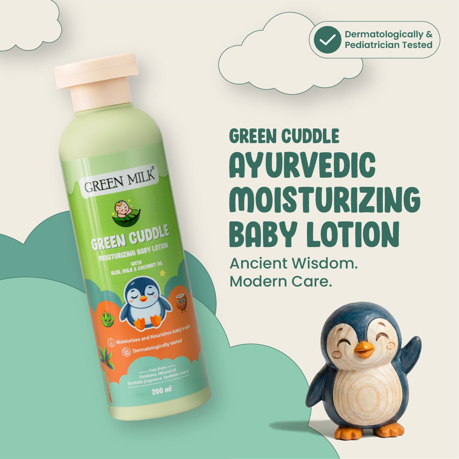 Green Milk Green Cuddle Ayurvedic Moisturizing Baby Lotion with a penguin design on a light green background