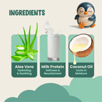 Product ingredients with aloe vera, milk protein, and coconut oil, featuring a penguin figurine.
