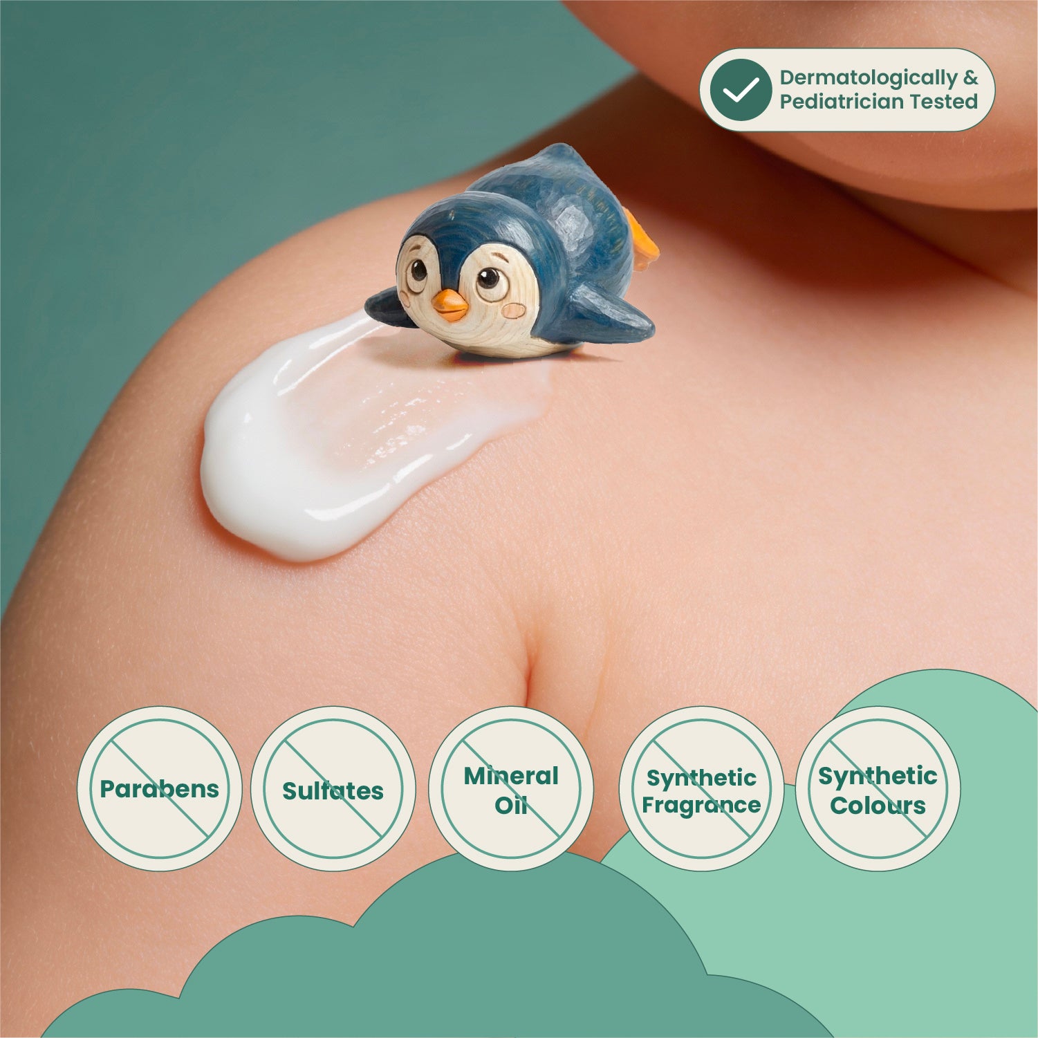Cute penguin toy with a cream application on skin, indicating dermatological safety.