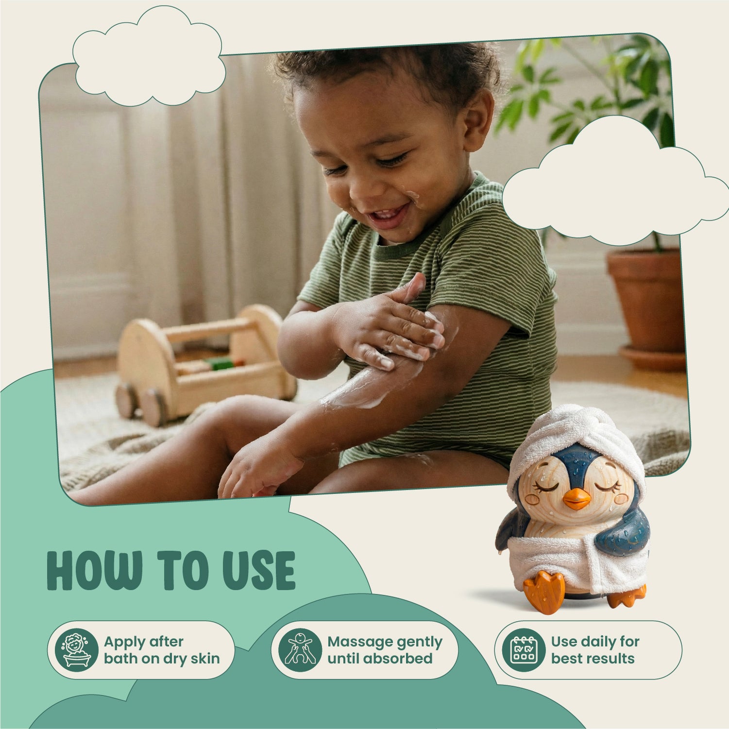 Child playing with a toy penguin in a room with toys and plants.