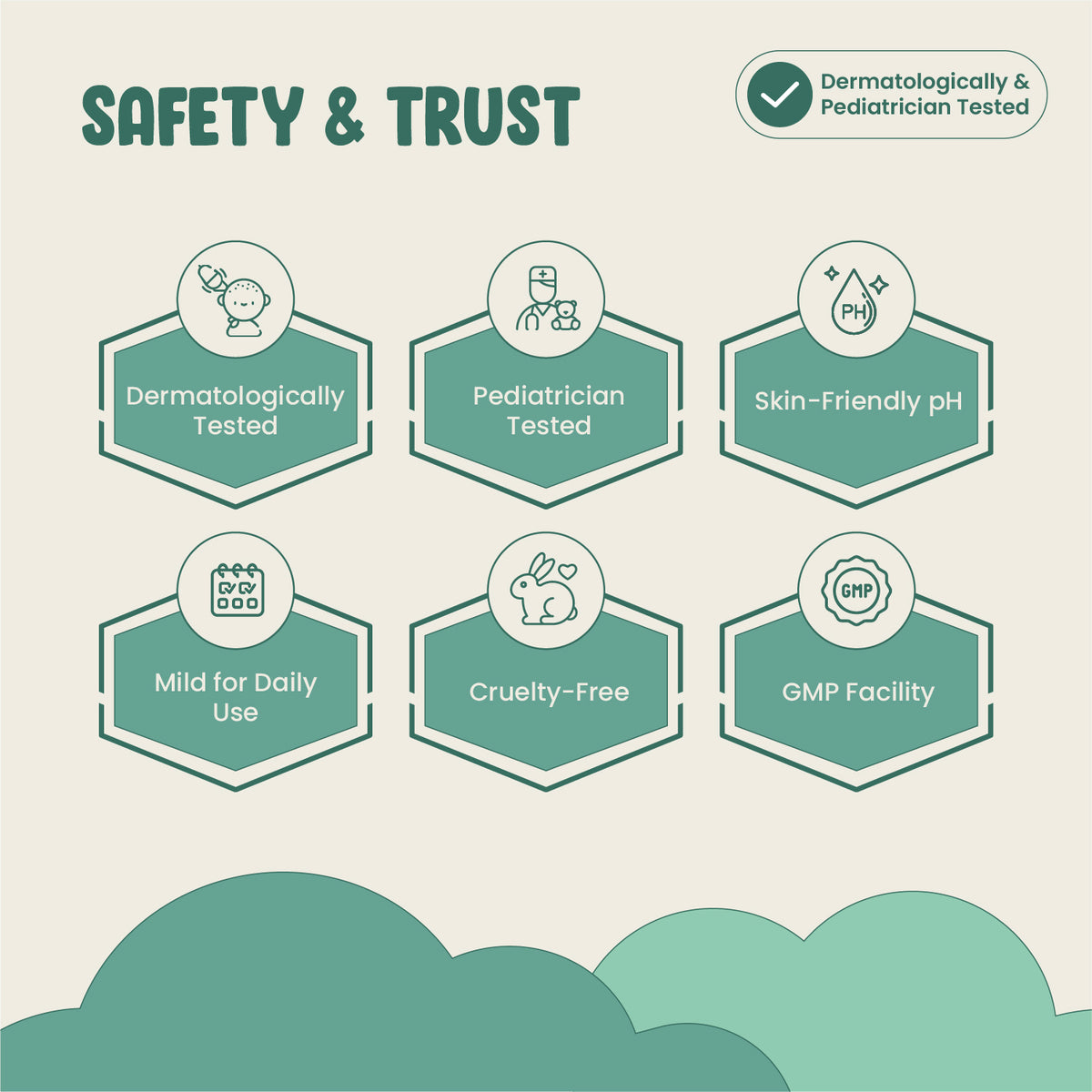 Diagram of safety and trust features with icons and text on a light green background