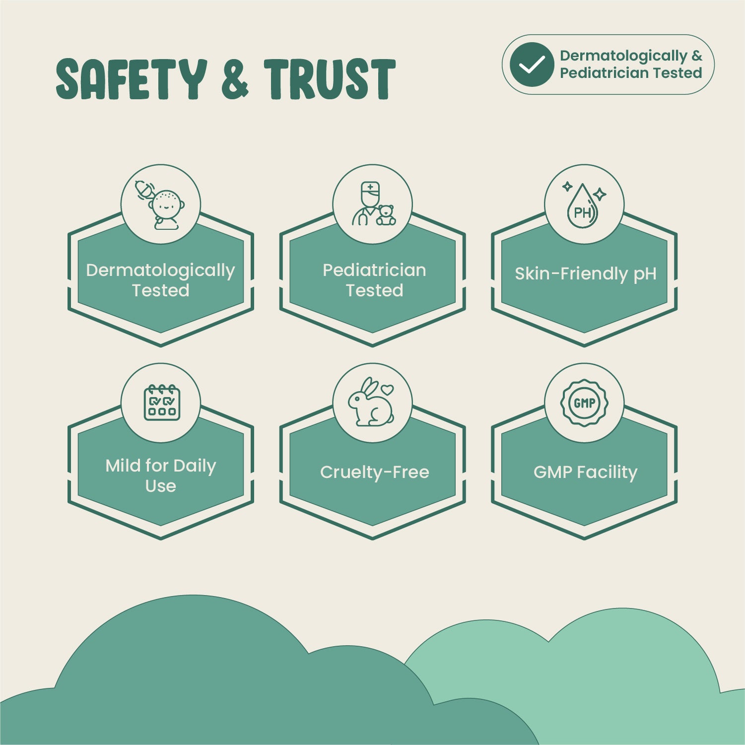 Diagram of safety and trust features with icons and text on a light green background
