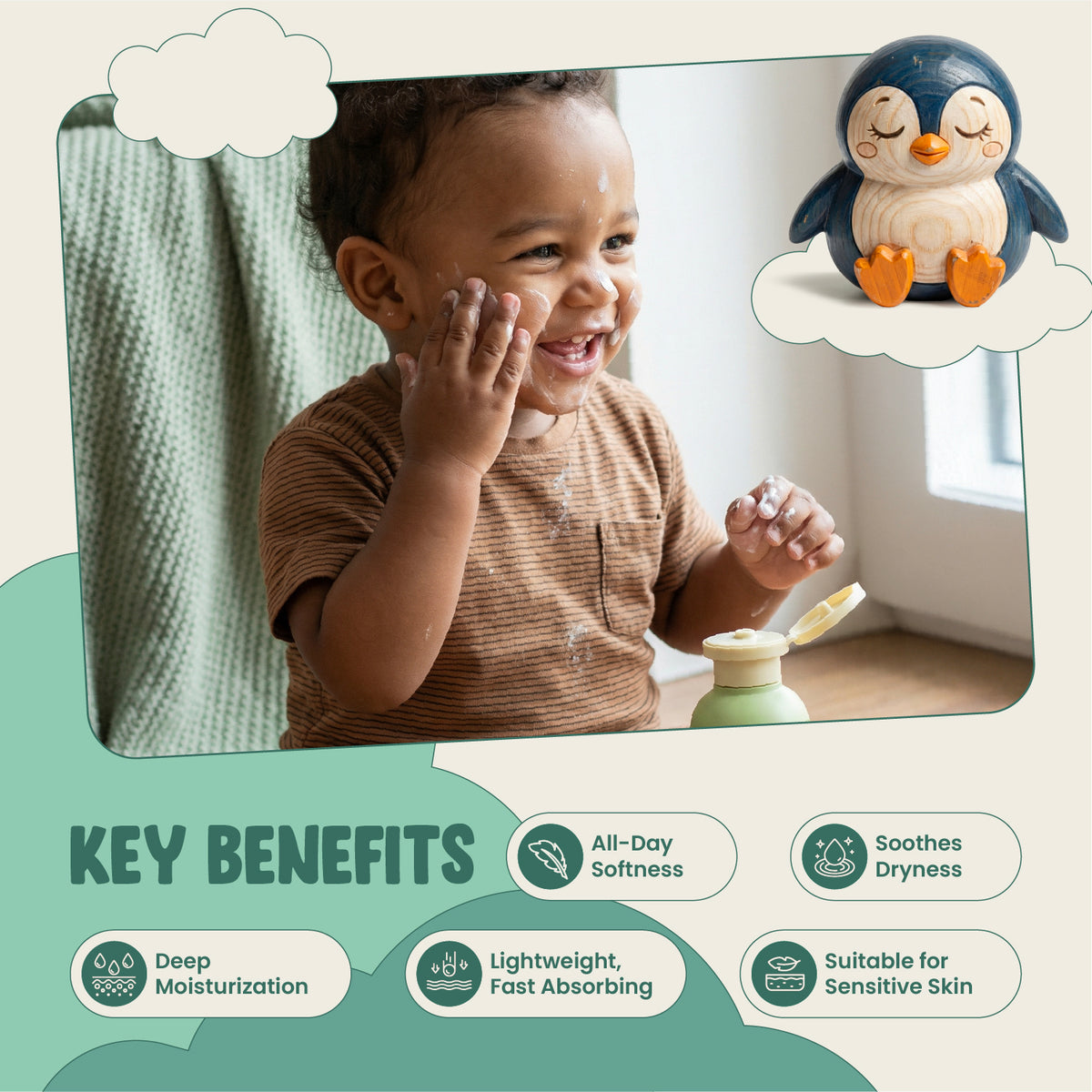 Child playing with a penguin toy and product, with key benefits listed below.