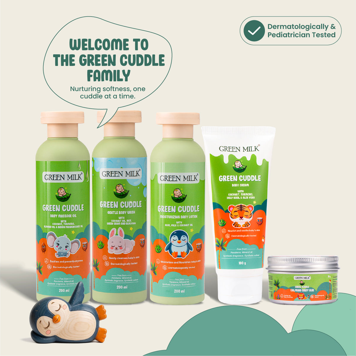 Green Milk baby care products with 'Green Cuddle' branding on a light gray background.