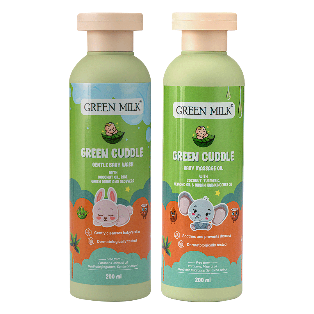 Two bottles of Green Milk Green Cuddle baby products on a white background
