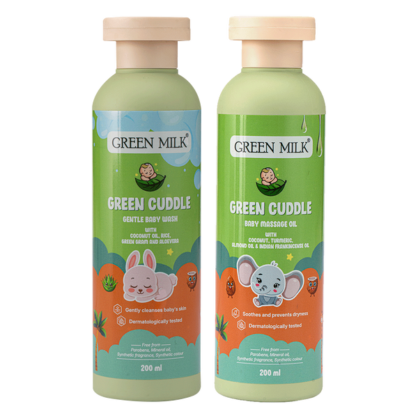 Two bottles of Green Milk Green Cuddle baby products on a white background