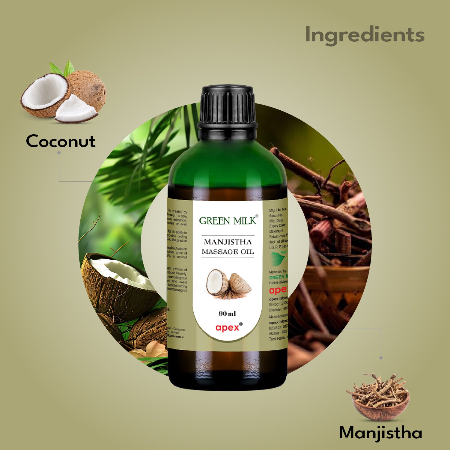 Green Milk Manjistha Massage Oil bottle with coconut and manjistha ingredients on a green background