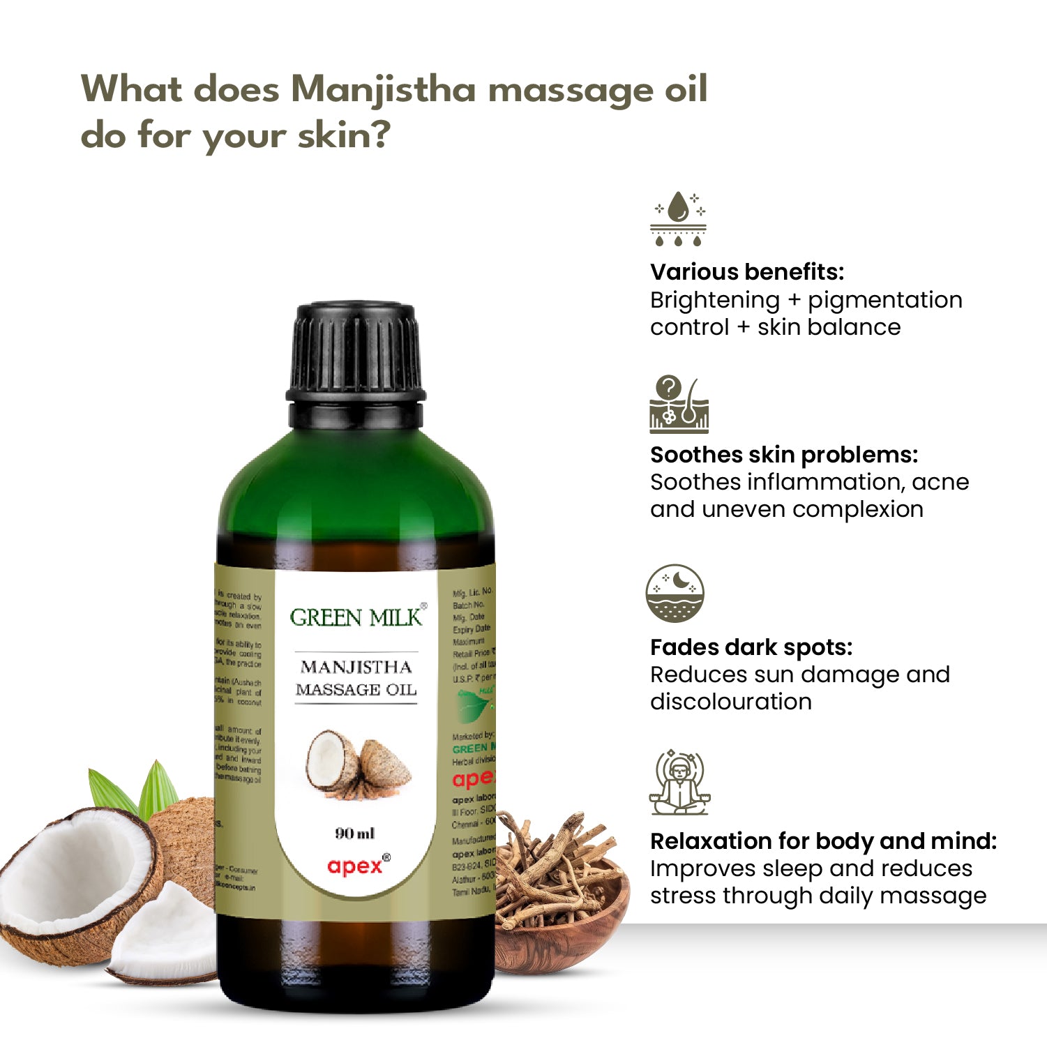 Green Milk Manjistha massage oil bottle with benefits listed on a white background