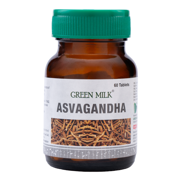 Bottle of Green Milk Asvagandha tablets with a green cap on a white background