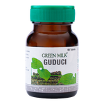 Bottle of Green Milk Guduci tablets with a green cap on a white background