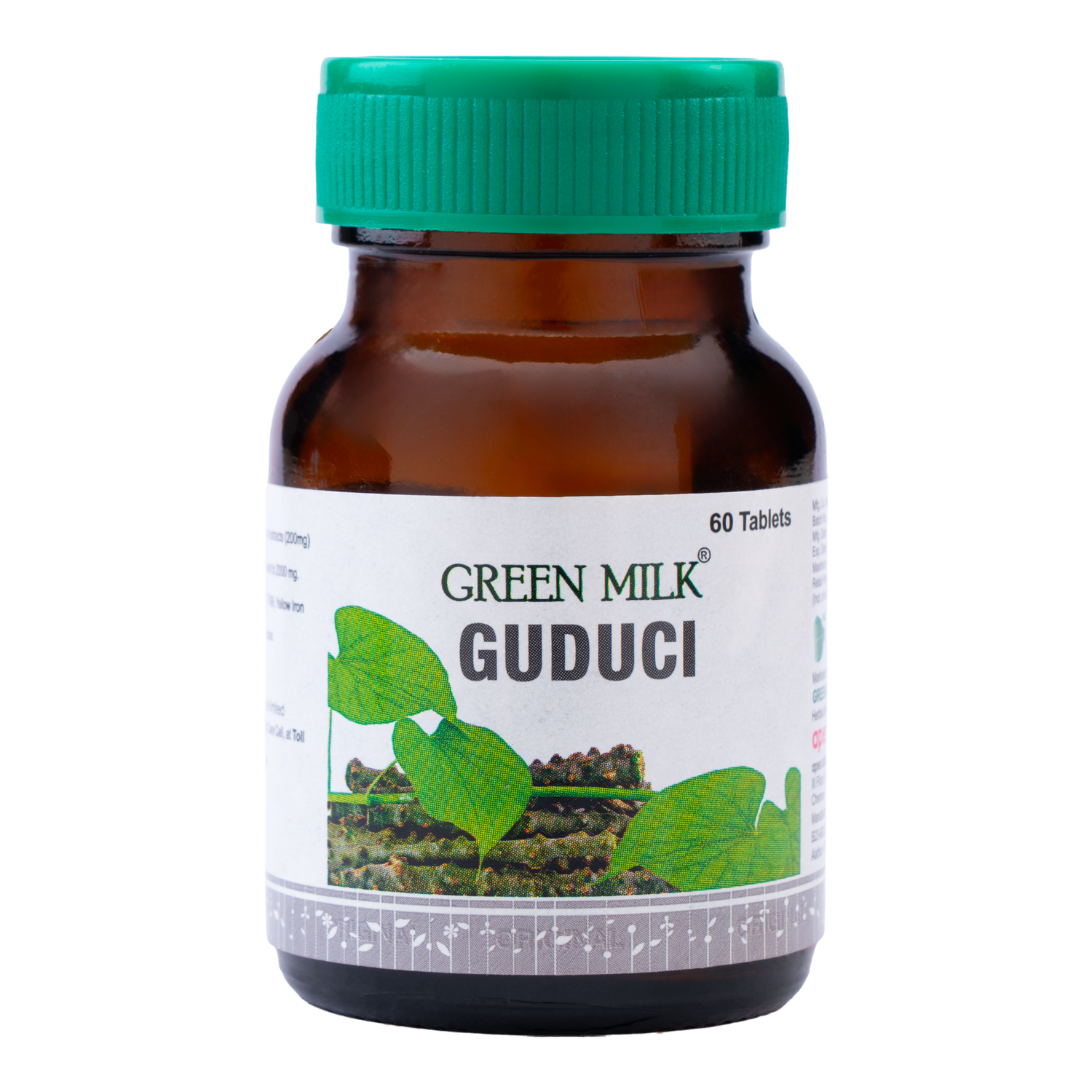 Bottle of Green Milk Guduci tablets with a green cap on a white background