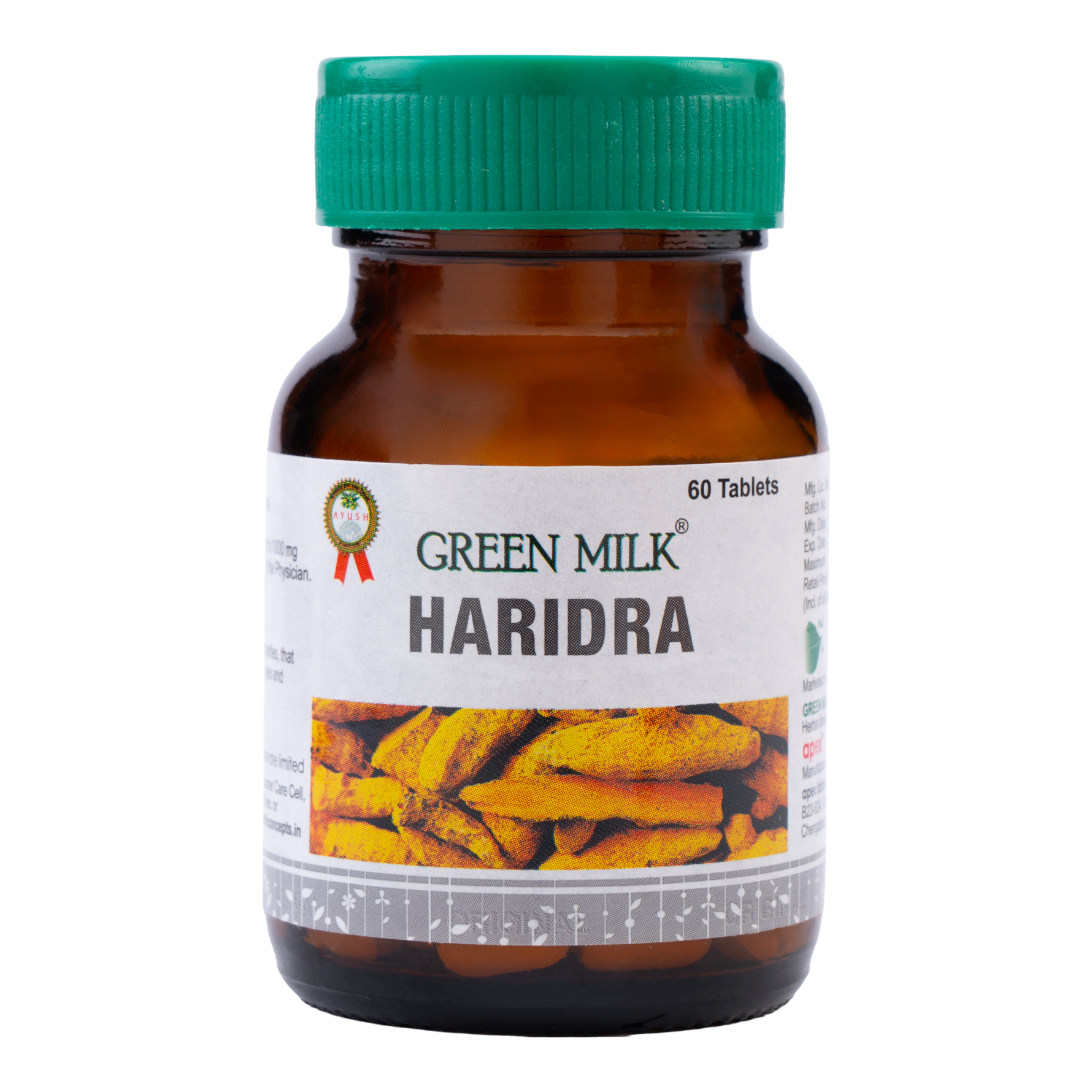 Bottle of Green Milk Haridra tablets with a green cap on a white background