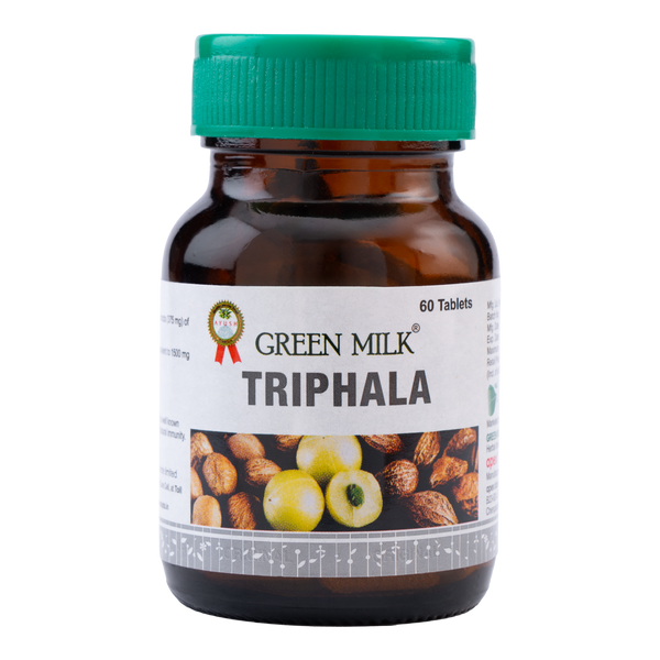 Bottle of Green Milk Triphala tablets with a green cap on a white background