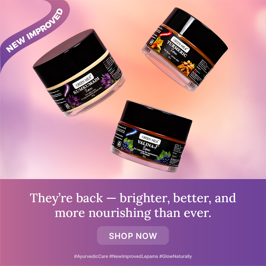 Three jars of Ayurvedic hair care product on a gradient background with promotional text.