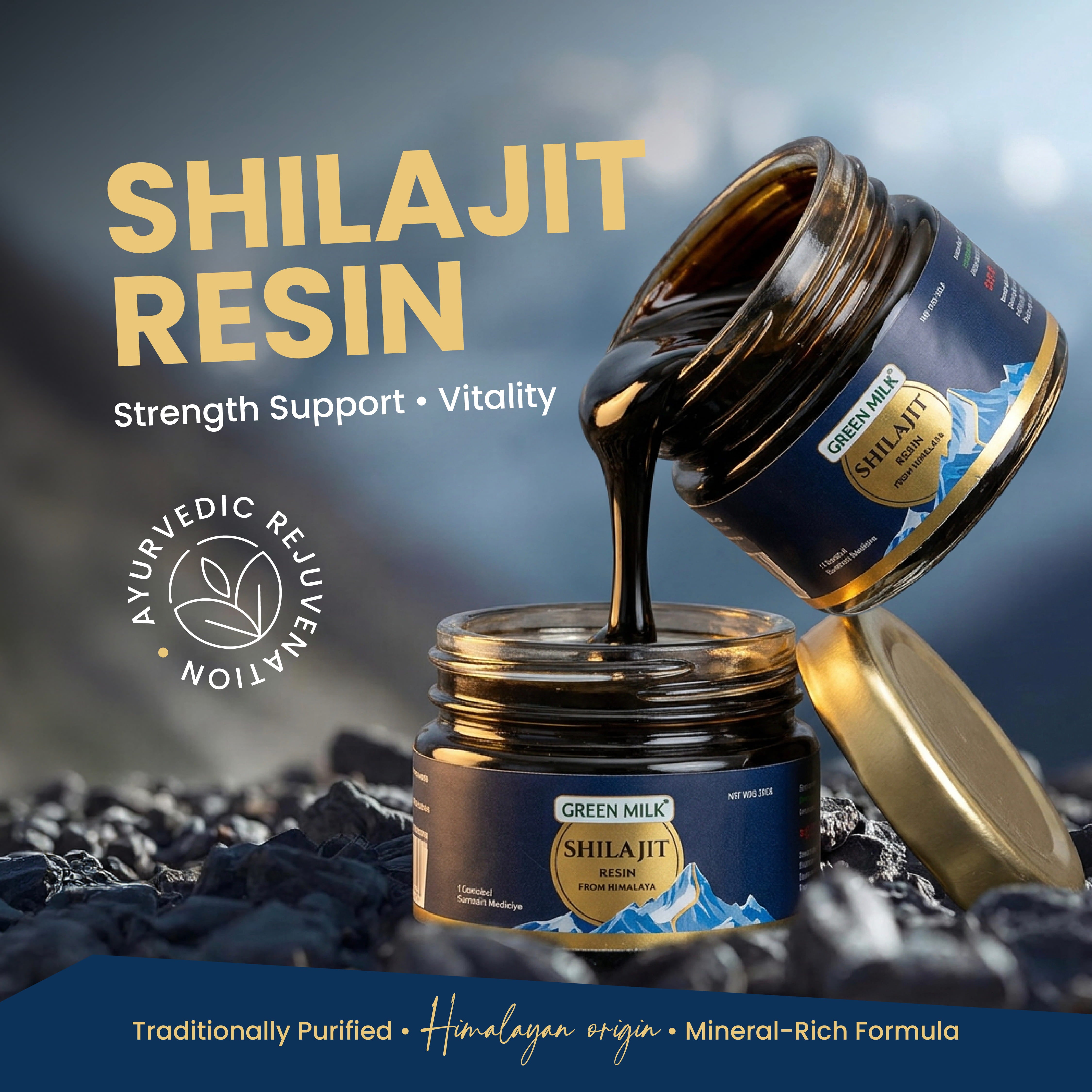 Three amber glass jars of Green Milk Shilajit Resin arranged on dark rocks, with one jar tipped over so the black resin drips into the center. Large text reads 'SHILAJIT RESIN' with supporting copy, and the Green Milk brand is visible on the labels.