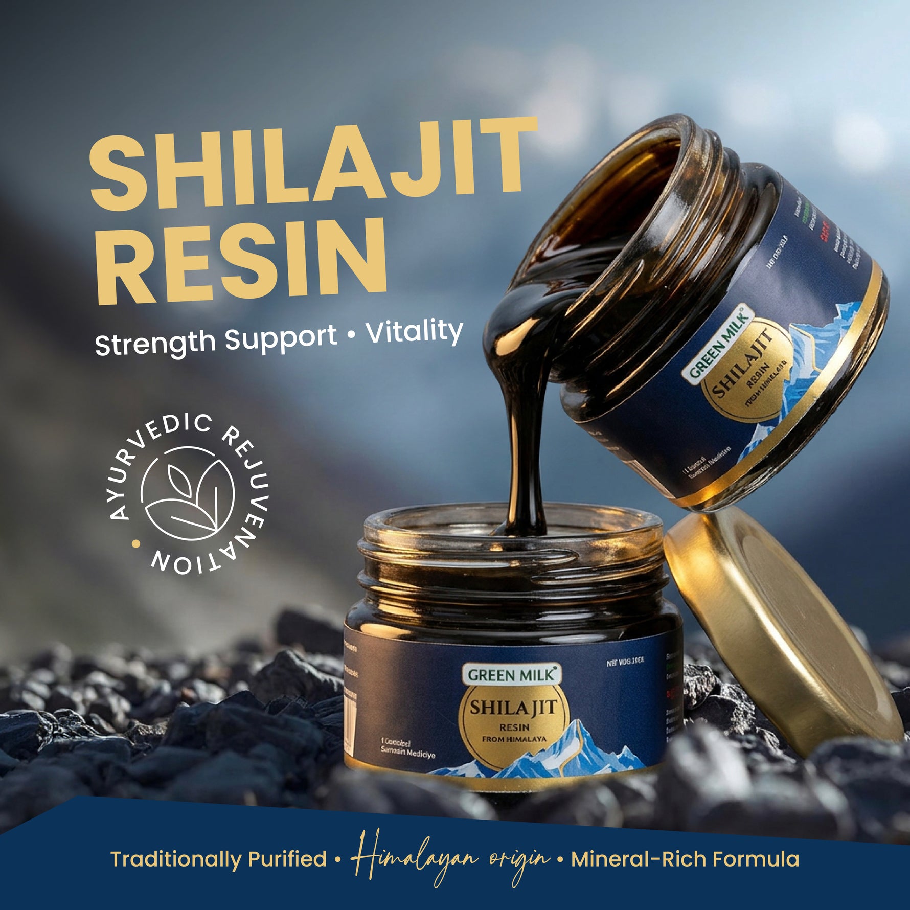 Green Milk Shilajit Resin jar with resin flowing, on a dark background