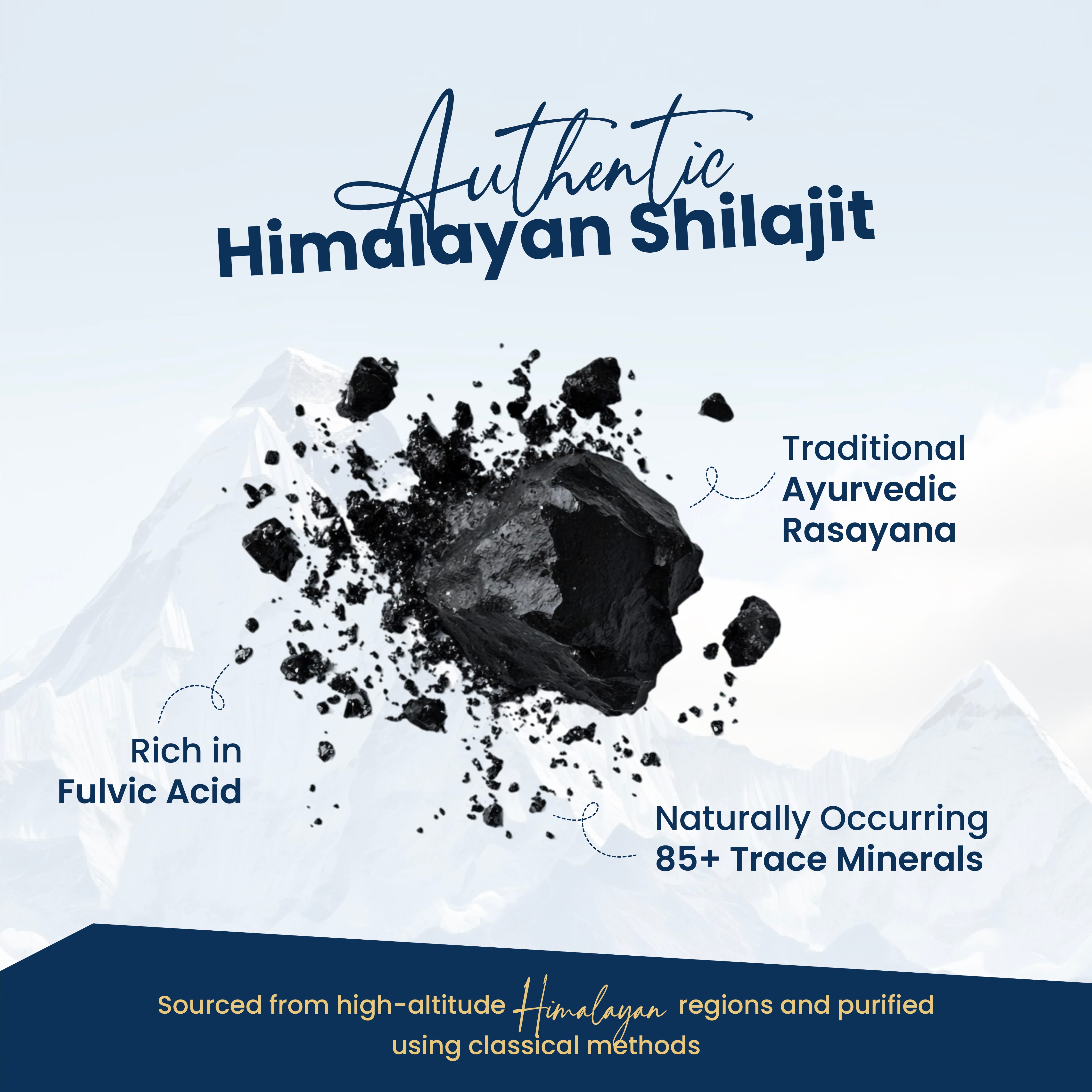 Promotional graphic for Authentic Himalayan Shilajit featuring a dark black rock shattering into fragments over a snowy mountain background, with text highlighting traditional Ayurvedic rasayana benefits, rich fulvic acid, and 85+ trace minerals.