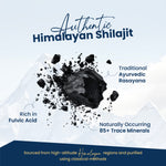 Promotional graphic for Authentic Himalayan Shilajit featuring a dark black rock shattering into fragments over a snowy mountain background, with text highlighting traditional Ayurvedic rasayana benefits, rich fulvic acid, and 85+ trace minerals.