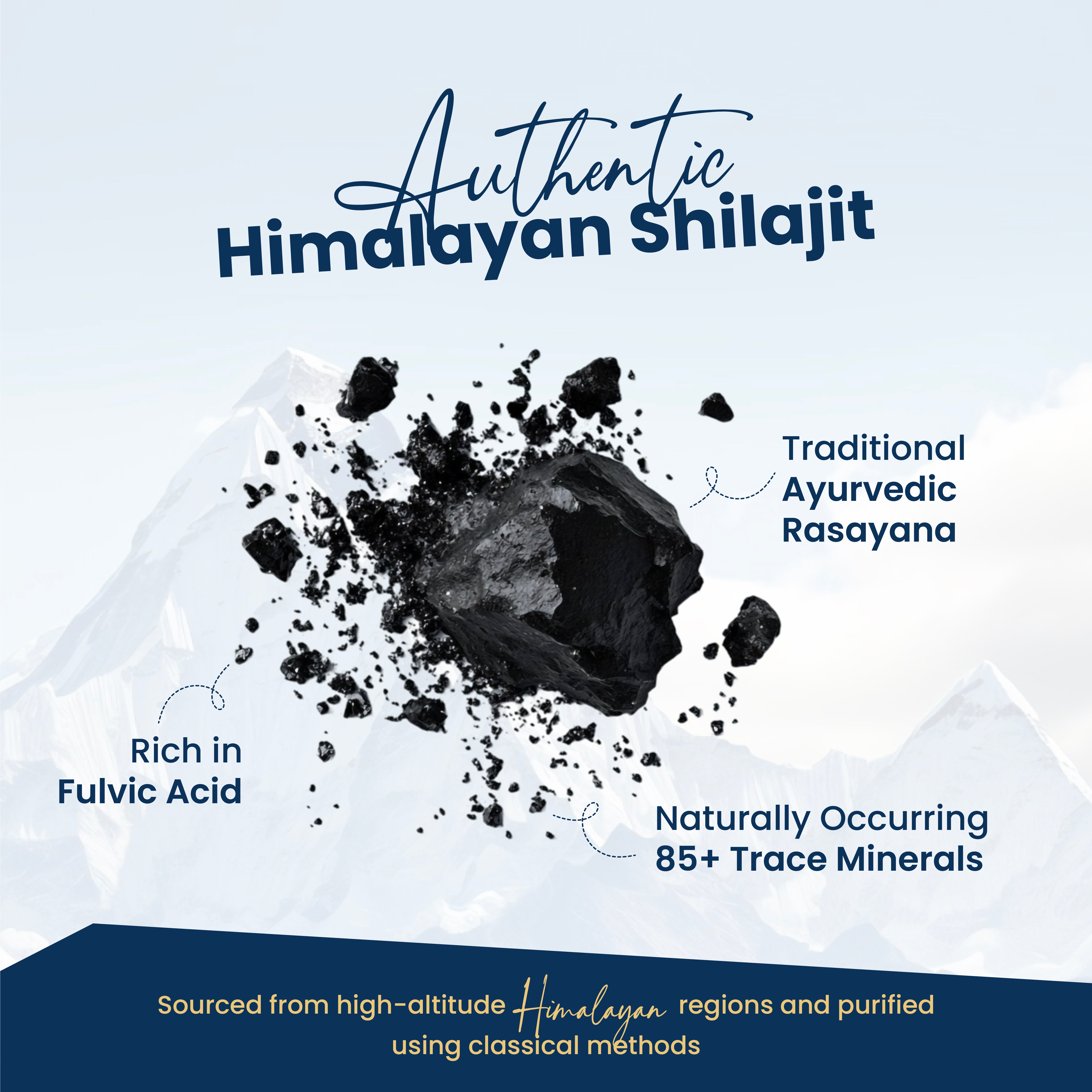 Advertisement for Authentic Himalayan Shilajit with text about its properties and sourcing.