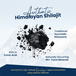 Advertisement for Authentic Himalayan Shilajit with text about its properties and sourcing.
