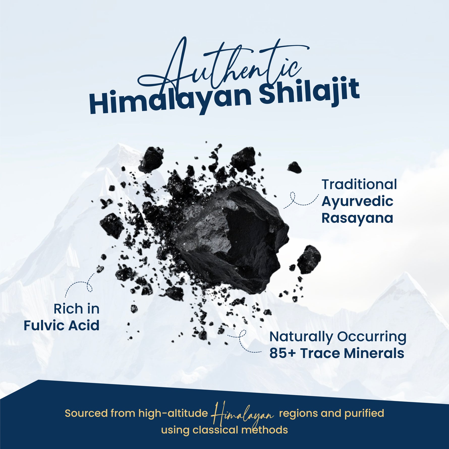 Advertisement for Authentic Himalayan Shilajit with text about its properties and sourcing.