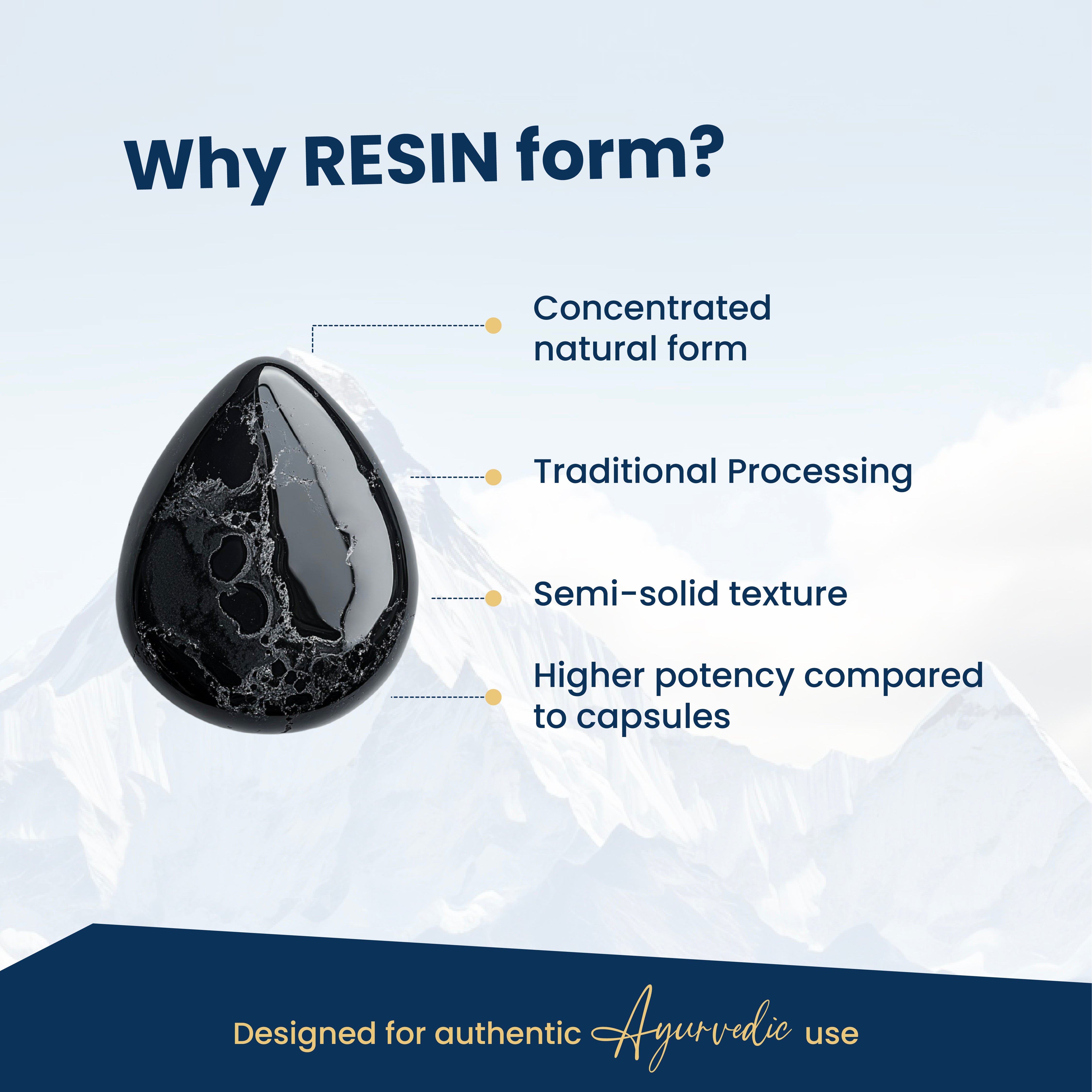 Black resin droplet with text explaining benefits on a light blue background