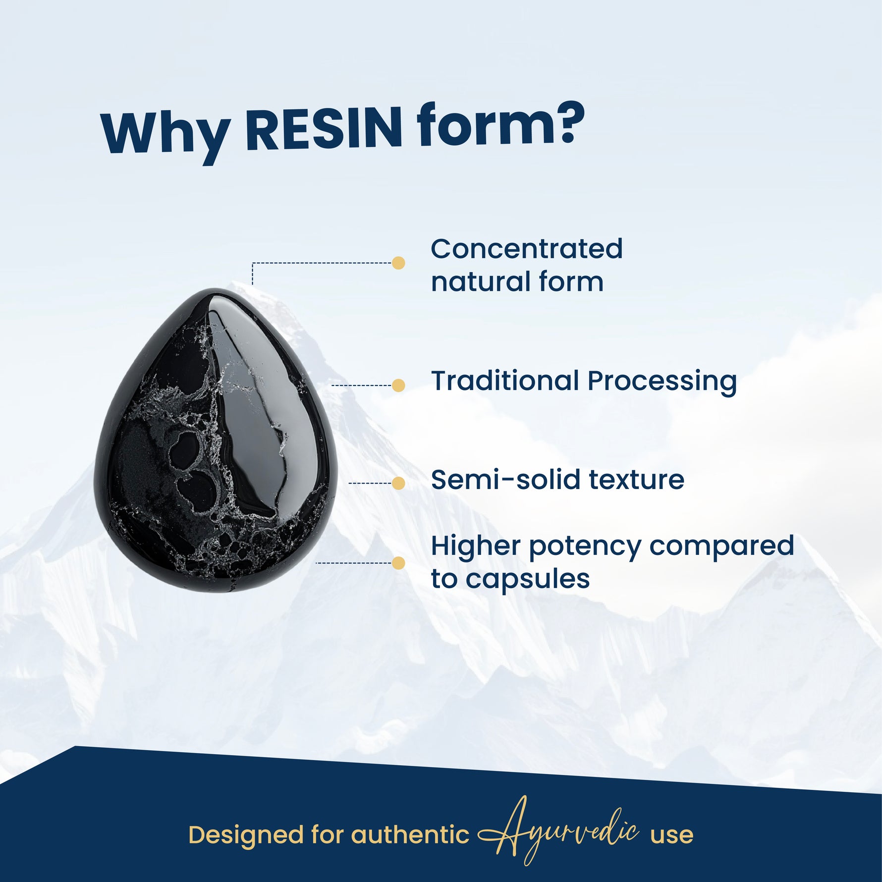 Black resin droplet with text explaining benefits on a light blue background