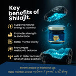 A promotional graphic for a jar of Shilajit supplement on a dark blue background, with floating blue crystalline Shilajit rocks and text listing key benefits such as supporting natural energy, strength, mental clarity, and recovery.