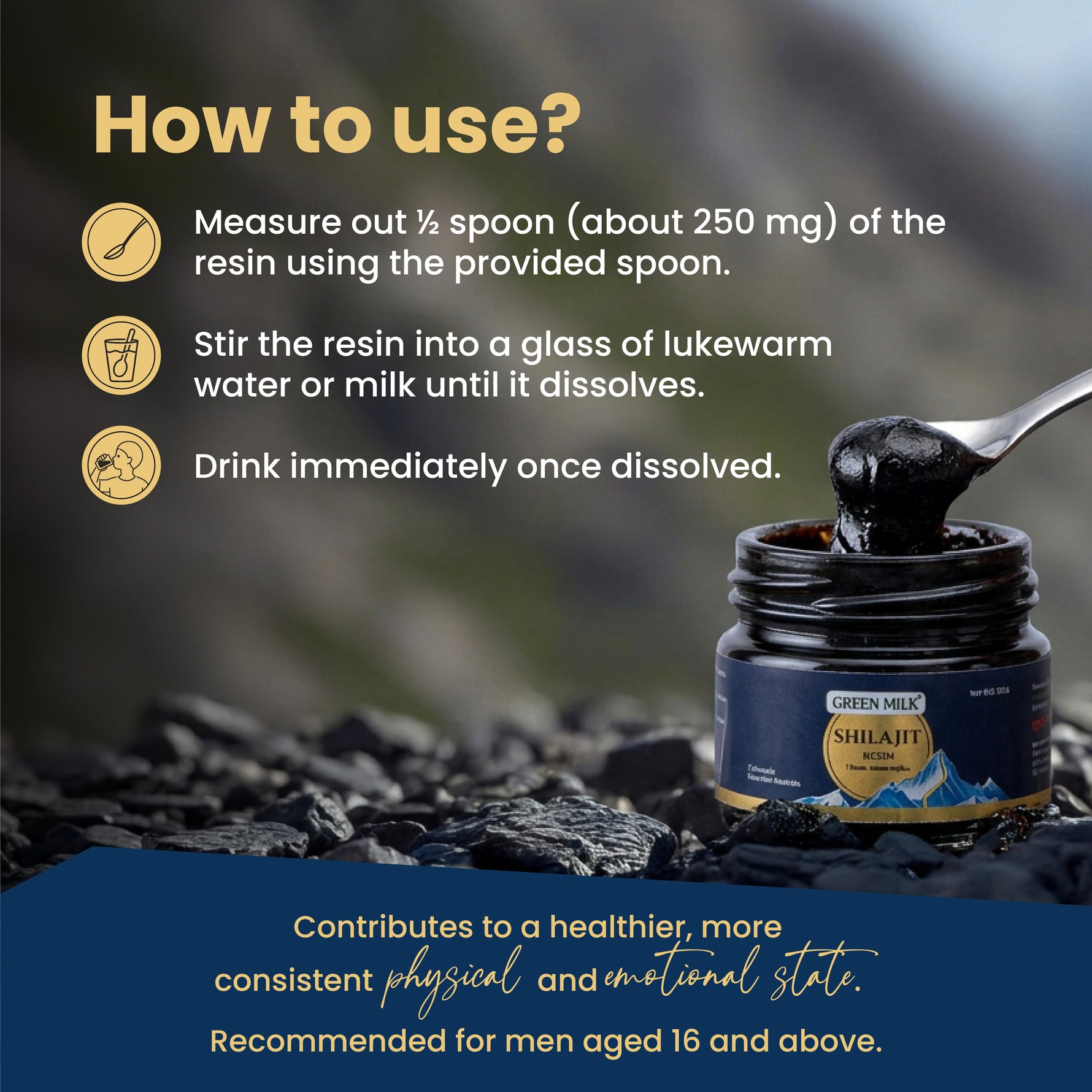 Instructional graphic titled 'How to use?' showing a jar of Green Milk Shilajit resin with a spoonful of the dark resin on a bed of black rocks, plus text instructions for measuring, stirring, and drinking the resin.