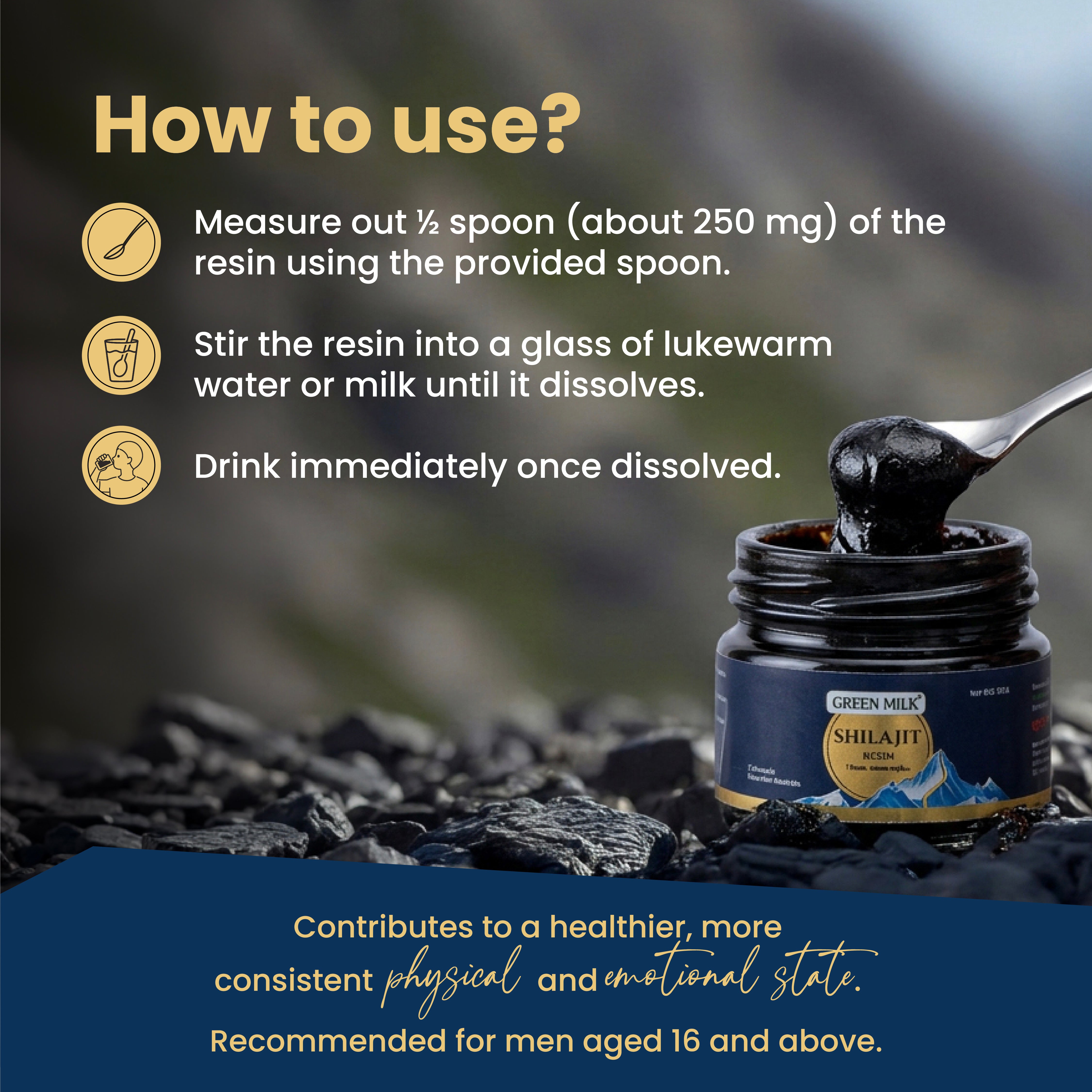 Instructions for using a resin product with a jar and spoon on a dark background