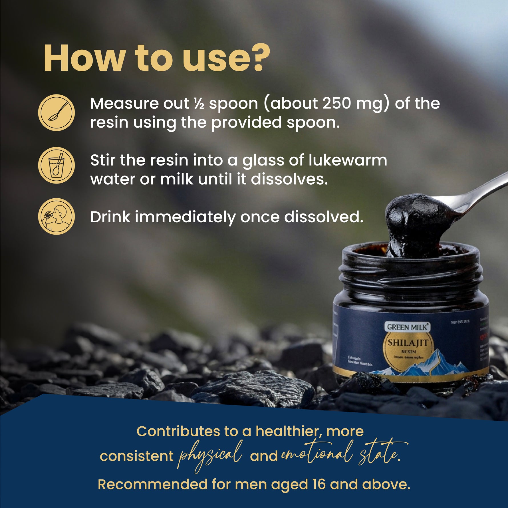 Instructions for using a resin product with a jar and spoon on a dark background