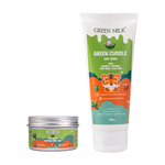 Green Milk Green Cuddle baby cream and Calm baby rub on a white background