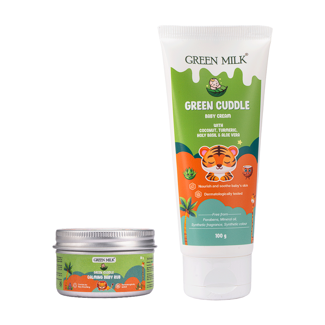 Green Milk Green Cuddle baby cream and Calm baby rub on a white background