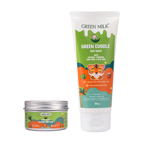 Green Milk Green Cuddle baby cream and Calm baby rub on a white background