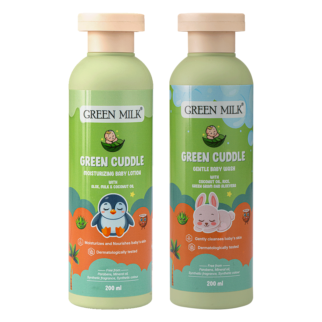 Two bottles of Green Milk Green Cuddle baby products on a white background
