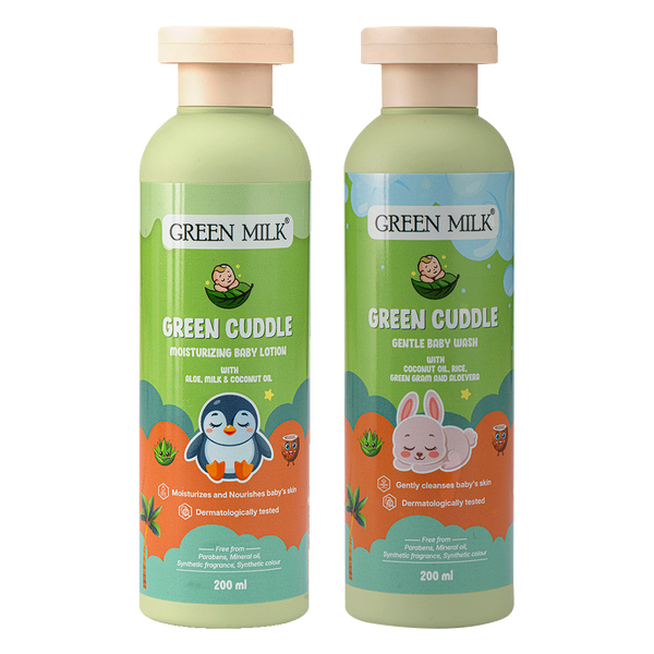 Two bottles of Green Milk Green Cuddle baby products on a white background