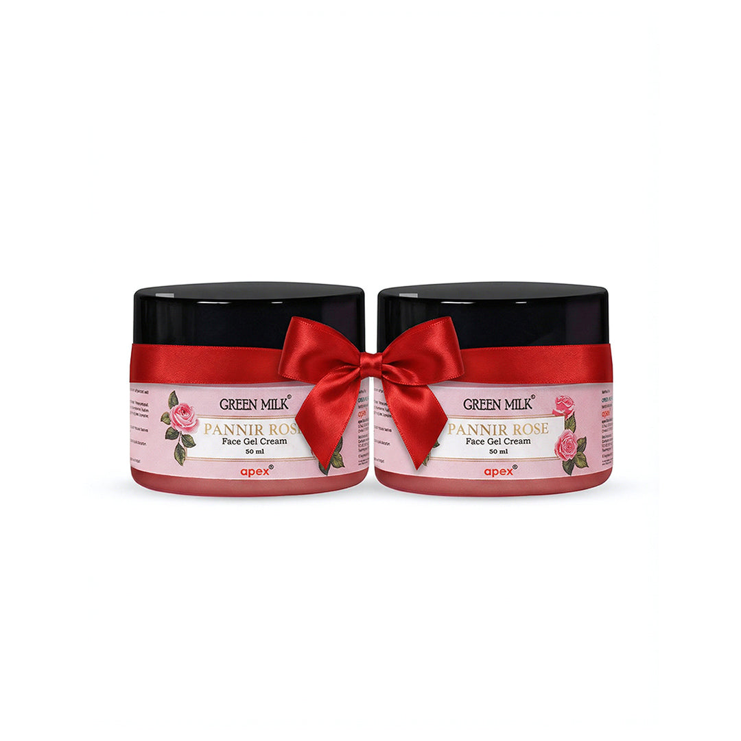 Two jars of Green Milk Panir Rose Face Gel Cream with red ribbons on a white background