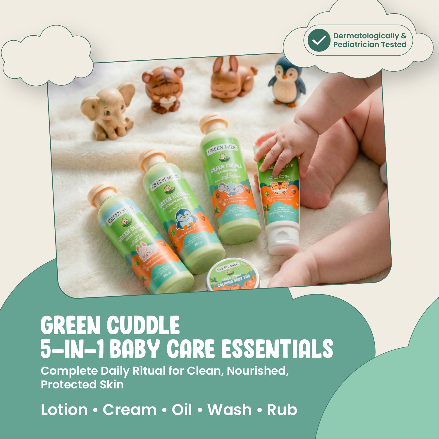 Baby care products with a child's hand and toys on a soft surface, labeled 'Green Cuddle 5-in-1 Baby Care Essentials'.