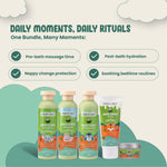 Collection of Green Milk baby care products with text on daily routines and benefits.