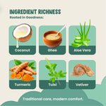 Illustration of coconut, ghee, aloe vera, turmeric, tulsi, and vetiver with text 'Ingredient Richness' on a light green background.