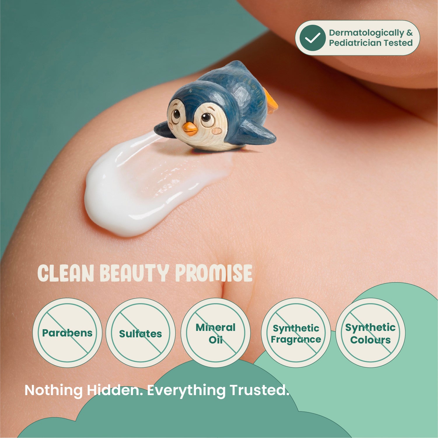 Cute penguin toy with a smear of cream on skin, labeled 'Clean Beauty Promise' with no hidden ingredients.