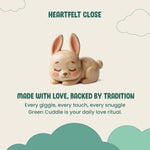 Wooden rabbit figurine with text about love and tradition on a light background