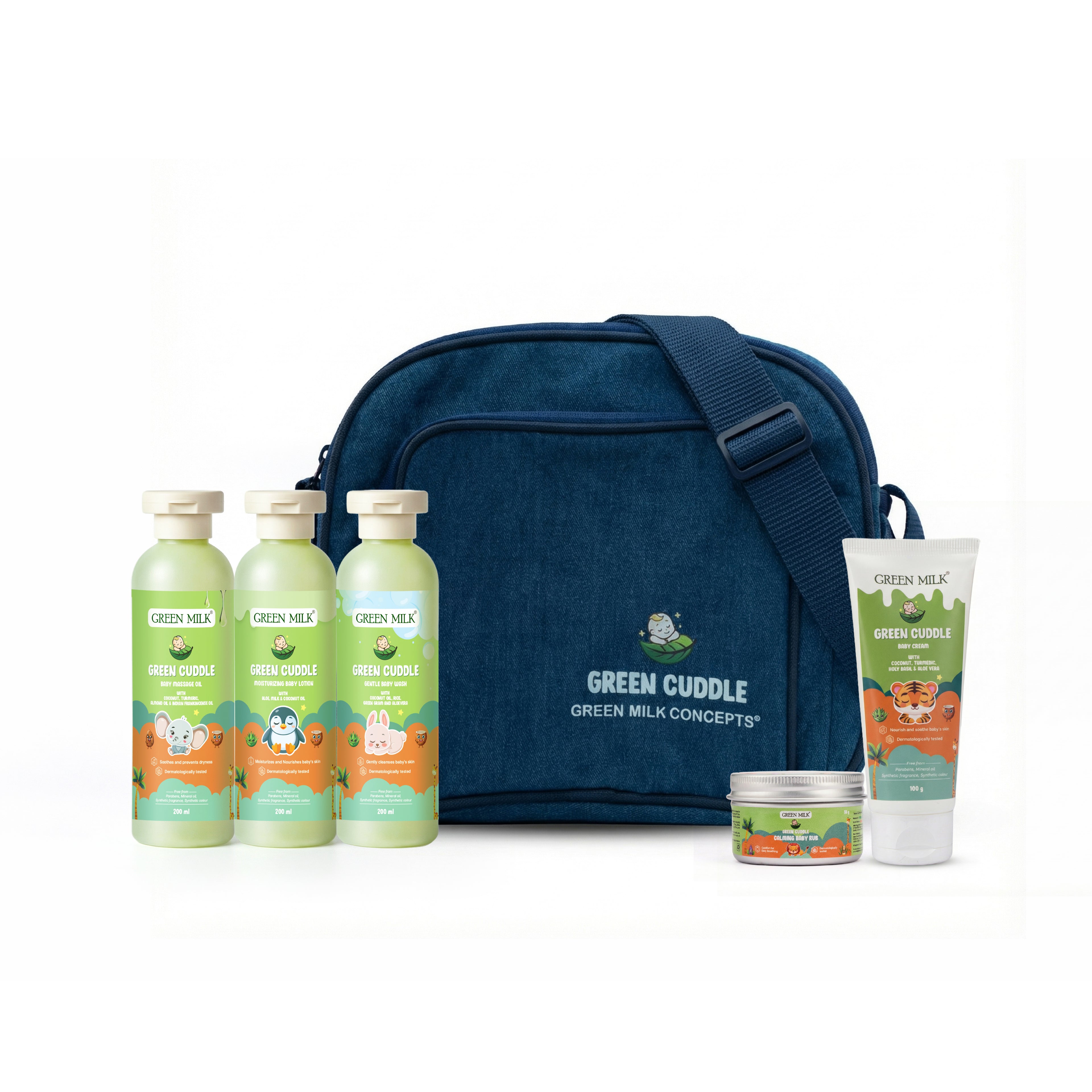 Set of Green Milk Concept products including bottles, a bag, and a tube on a white background