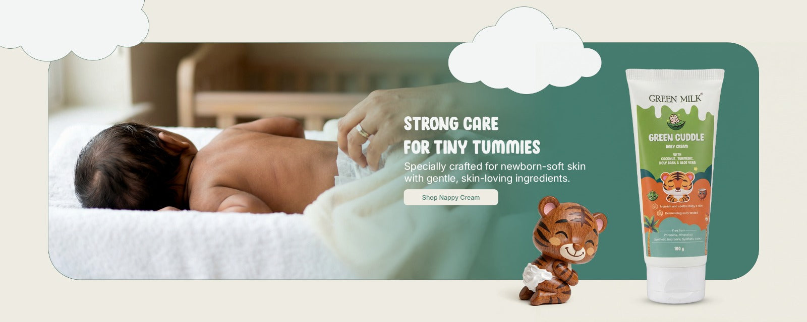 Baby care product with a child receiving a bath and a cartoon tiger character.